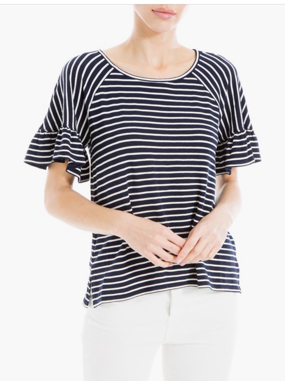 Max Studio Navy White Stripe Flutter Sleeve Top Size XL